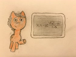 Size: 4032x3024 | Tagged: safe, artist:php159, derpibooru exclusive, oc, oc only, oc:redundant proof, earth pony, pony, chalkboard, disguise, disguised changeling, earth pony oc, facing you, looking at you, math, quadratic formula, solo, traditional art