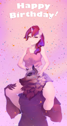 Size: 2000x3753 | Tagged: safe, artist:okata, oc, oc:fine fantasy, unicorn, anthro, anthro oc, birthday, clothes, commission, furry, furry oc, high res, shoulder ride