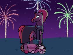 Size: 2048x1536 | Tagged: safe, artist:kindheart525, fizzlepop berrytwist, tempest shadow, oc, oc:eclipse, pony, unicorn, auraverse, g4, broken horn, female, fireworks, horn, magical lesbian spawn, mother and child, offspring, panic attack, parent:tempest shadow, parent:twilight sparkle, parents:tempestlight, story included