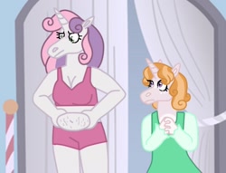 Size: 1280x977 | Tagged: safe, artist:kindheart525, artist:php138, sweetie belle, oc, oc:triple threat, unicorn, anthro, auraverse, g4, bra, chubbie belle, chubby, clothes, dress, female, implied weight gain, mother and child, mother and daughter, offspring, parent:sweetie belle, parent:tender taps, parents:tenderbelle, story included, underwear