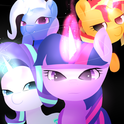 Size: 1560x1560 | Tagged: safe, artist:nicxchy, starlight glimmer, sunset shimmer, trixie, twilight sparkle, alicorn, pony, unicorn, g4, female, glowing horn, horn, magic, magical quartet, mare, smiling, twilight sparkle (alicorn)