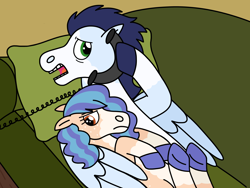 Size: 2048x1536 | Tagged: safe, artist:kindheart525, soarin', oc, oc:summer beauty, pegasus, pony, auraverse, g4, couch, father and child, father and daughter, female, lying down, male, offspring, parent:applejack, parent:soarin', parents:soarinjack, phone, pillow, story included