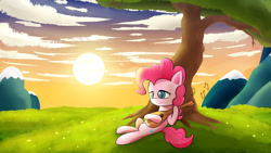 Size: 1920x1080 | Tagged: safe, artist:nicxchy, pinkie pie, earth pony, pony, g4, cloud, female, lounging, mandolin, mare, music notes, musical instrument, signature, smiling, solo, sun, tree