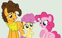 Size: 1340x825 | Tagged: safe, artist:ditzy-bases, artist:jadeharmony, cheese sandwich, li'l cheese, pinkie pie, earth pony, pony, g4, the last problem, base used, bipedal, clothes, colt, family, female, gray background, male, mare, open mouth, raised hoof, ship:cheesepie, shipping, shirt, simple background, sitting, stallion, straight