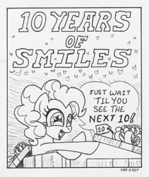 Size: 1012x1200 | Tagged: safe, artist:abronyaccount, pinkie pie, earth pony, pony, mlp fim's tenth anniversary, g4, 10, 20, female, gift wrapped, happy birthday mlp:fim, ink, ink drawing, lettering, mare, present, signature, smiling, speech bubble, traditional art