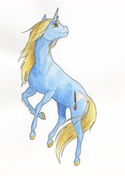 Size: 5089x7144 | Tagged: safe, artist:lady-limule, oc, oc only, oc:art's desire, pony, unicorn, colored hooves, female, horn, looking up, mare, rearing, solo, traditional art, unicorn oc