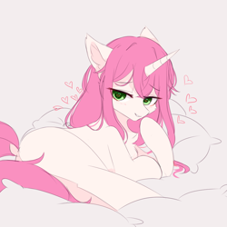 Size: 1000x1000 | Tagged: safe, artist:heddopen, oc, oc only, pony, unicorn, chest fluff, ear fluff, female, heart, heart eyes, looking at you, mare, pillow, rear view, smug, solo, teasing, wingding eyes