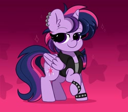 Size: 4096x3578 | Tagged: safe, artist:kittyrosie, twilight sparkle, alicorn, pony, g4, abstract background, alternate hairstyle, clothes, cute, ear piercing, earring, female, hoofband, jacket, jewelry, mare, piercing, punk, punklight sparkle, raised hoof, smug, solo, twiabetes, twilight sparkle (alicorn)