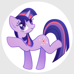 Size: 1200x1200 | Tagged: safe, artist:boon_9, part of a set, twilight sparkle, pony, unicorn, anatomically incorrect, circle background, cute, female, full body, hooves, horn, incorrect leg anatomy, legs don't bend like that, mare, multicolored mane, multicolored tail, smiling, solo, standing on two hooves, starry eyes, tail, twiabetes, unicorn twilight, wingding eyes