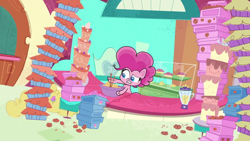Size: 1280x720 | Tagged: safe, screencap, pinkie pie, earth pony, pony, g4.5, my little pony: pony life, blender (object), cake, cookie, cooking, food, kitchen, pie, sugarcube corner, theme song