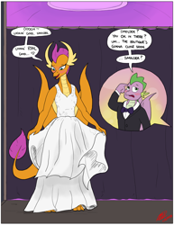 Size: 2550x3300 | Tagged: safe, artist:loreto-arts, smolder, spike, dragon, g4, clothes, commission, dragoness, dress, female, high res, male, older, older smolder, older spike, ship:spolder, shipping, smolder also dresses in style, straight, that dragon sure does love dresses, toes, tomboy taming, tuxedo, wedding dress, winged spike, wings