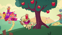Size: 1280x720 | Tagged: safe, screencap, applejack, earth pony, pony, g4.5, my little pony: pony life, apple, cute, eyes closed, food, jackabetes, open mouth, sweet apple acres, theme song, tree