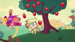 Size: 1280x720 | Tagged: safe, screencap, applejack, earth pony, pony, g4.5, my little pony: pony life, apple, falling, food, looking at you, sweet apple acres, theme song, tree