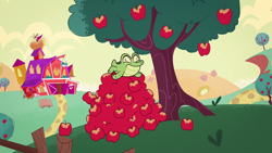 Size: 1280x720 | Tagged: safe, screencap, gummy, alligator, g4, g4.5, my little pony: pony life, apple, cute, food, gummybetes, sweet apple acres, theme song, tree