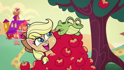 Size: 1280x720 | Tagged: safe, screencap, applejack, gummy, alligator, earth pony, pony, g4, g4.5, my little pony: pony life, apple, cute, food, gummybetes, jackabetes, looking at each other, looking down, looking up, open mouth, sweet apple acres, theme song, tree