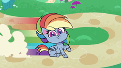 Size: 1280x720 | Tagged: safe, screencap, rainbow dash, pegasus, pony, g4.5, my little pony: pony life, cute, dashabetes, female, happy, looking at you, outdoors, path, rainbow trail, smiling, smiling at you, solo, theme song