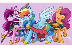 Size: 1500x1000 | Tagged: safe, artist:itstaylor-made, rainbow dash, scootaloo, oc, oc:pepperberry, pony, g4, armor, clothes, spear, two toned wings, weapon, wings