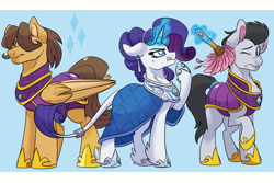 Size: 1500x1000 | Tagged: safe, artist:itstaylor-made, hoops, lucky clover, rarity, pony, g4, armor, duster, magic