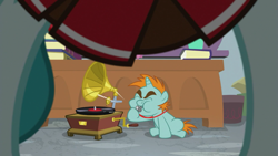 Size: 1280x720 | Tagged: safe, screencap, lighthoof, snips, pony, unicorn, 2 4 6 greaaat, g4, blowing whistle, colt, eyes closed, looking between legs, male, puffy cheeks, record player, spitfire's whistle, that pony sure does love whistles, whistle