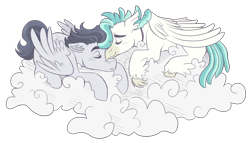 Size: 3500x2000 | Tagged: safe, artist:monnarcha, rumble, terramar, classical hippogriff, hippogriff, pegasus, pony, g4, cloud, commission, eyes closed, gay, high res, male, older, rumblemar, shipping, simple background, sleeping, stallion, transparent background