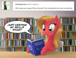Size: 1170x900 | Tagged: safe, artist:magfen, oc, oc only, oc:pun, earth pony, pony, ask pun, ask, book, bookshelf, solo