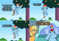 Size: 2154x1502 | Tagged: safe, artist:ladyanidraws, applejack, rainbow dash, earth pony, pegasus, pony, ask pun, g4, apple, apple tree, ask, bed, cross-popping veins, drool, food, indigestion, lying down, on back, on bed, open mouth, rainbow dumb, stomach growl, stomach noise, tongue out, tooth gap, tree, zap apple, zap apple tree