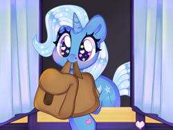 Size: 4000x3000 | Tagged: safe, artist:bunxl, trixie, pony, unicorn, g4, to where and back again, bag, big eyes, blushing, bunxl is trying to murder us, cute, diatrixes, female, happy, heart eyes, hnnng, horn, mare, mouth hold, nom, saddle bag, scene interpretation, solo, starry eyes, to saddlebags and back again, trixie's wagon, weapons-grade cute, wingding eyes