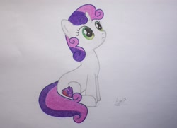 Size: 2560x1856 | Tagged: safe, artist:axelp, sweetie belle, pony, unicorn, g4, simple background, sitting, solo, traditional art, white background