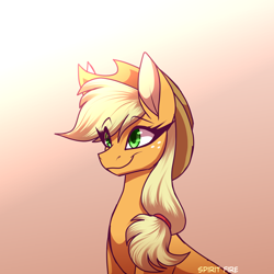Size: 2300x2300 | Tagged: safe, artist:celes-969, applejack, earth pony, pony, g4, applejack's hat, colored pinnae, cowboy hat, eye clipping through hair, freckles, gradient background, hat, high res, simple background, smiling, solo