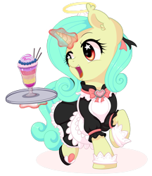Size: 1600x1855 | Tagged: safe, artist:wavecipher, oc, oc only, oc:seven sister, pony, clothes, heart, heart eyes, maid, milkshake, serving tray, simple background, solo, starry eyes, transparent background, wingding eyes