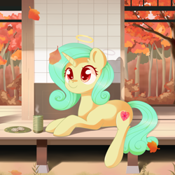 Size: 1600x1600 | Tagged: safe, artist:wavecipher, oc, oc only, oc:seven sister, pony, unicorn, candle, cookie, food, leaves, solo, tree