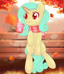 Size: 1600x1861 | Tagged: safe, artist:wavecipher, oc, oc only, oc:seven sister, pony, unicorn, autumn, bench, clothes, drink, leaves, magic, scarf, sitting, solo, striped scarf, telekinesis