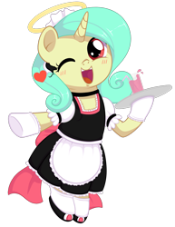 Size: 1485x1928 | Tagged: safe, artist:wavecipher, oc, oc only, oc:seven sister, pony, clothes, drink, halo, maid, serving tray, simple background, solo, transparent background, tray