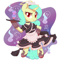 Size: 2100x2100 | Tagged: safe, artist:wavecipher, oc, oc only, oc:seven sister, pony, bipedal, clothes, halo, high res, maid, milkshake, simple background, solo, spirit, transparent background