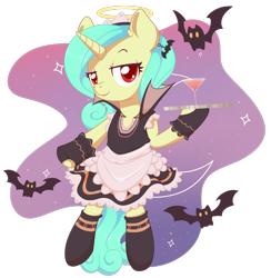 Size: 1600x1642 | Tagged: safe, artist:wavecipher, oc, oc only, oc:seven sister, bat, semi-anthro, arm hooves, clothes, halo, maid, simple background, solo, transparent background