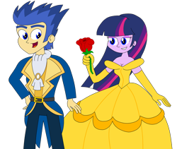 Size: 1024x863 | Tagged: safe, artist:rarity525, flash sentry, twilight sparkle, equestria girls, g4, beauty and the beast, belle, clothes, disney, dress, female, flower, gloves, gown, male, prince adam, rose, ship:flashlight, shipping, simple background, straight, transparent background
