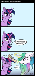 Size: 2414x5266 | Tagged: safe, artist:julunis14, princess celestia, twilight sparkle, alicorn, pony, unicorn, g4, :p, blasphemy, bonk, cheek fluff, chest fluff, comic, dialogue, ear fluff, eyes closed, female, filly, filly twilight sparkle, floppy ears, frown, glare, glowing, glowing horn, heresy, horn, looking up, magic, magic aura, mare, missing accessory, newspaper, no, open mouth, shoulder fluff, silly, silly pony, simple background, sitting, smiling, speech bubble, telekinesis, tongue out, unicorn twilight, younger