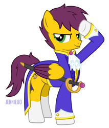 Size: 1024x1200 | Tagged: safe, artist:jennieoo, oc, oc only, oc:yellow jack, pegasus, pony, clothes, salute, show accurate, simple background, solo, spear, sword, transparent background, uniform, weapon