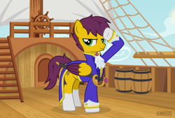 Size: 1200x809 | Tagged: safe, artist:jennieoo, oc, oc only, oc:yellow jack, pegasus, pony, clothes, ocean, salute, ship, show accurate, solo, spear, sword, uniform, weapon