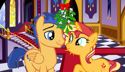 Size: 1173x681 | Tagged: safe, artist:3d4d, artist:lis19jsjs, edit, flash sentry, sunset shimmer, pegasus, pony, unicorn, g4, female, male, mare, mistletoe, ship:flashimmer, shipping, stallion, straight