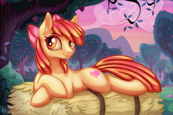 Size: 3000x2000 | Tagged: safe, artist:eltaile, apple bloom, earth pony, pony, g4, apple, apple orchard, bow, cute, draw me like one of your french girls, female, food, hay, hay bale, high res, lying, lying down, mare, older, older apple bloom, orchard, outdoors, prone, smiling, solo, sweet apple acres, tree