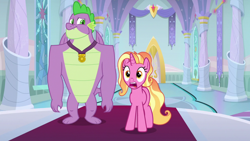 Size: 1920x1080 | Tagged: safe, screencap, luster dawn, spike, dragon, pony, unicorn, g4, my little pony: friendship is magic, the last problem, gasp, older, older spike, open mouth, shocked, winged spike, wings