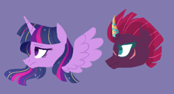 Size: 852x459 | Tagged: dead source, safe, alternate version, artist:yaco, tempest shadow, twilight sparkle, alicorn, pony, unicorn, g4, bust, eye scar, female, horn, lesbian, mare, prosthetic horn, prosthetics, purple background, scar, ship:tempestlight, shipping, simple background, tempest gets her horn back, twilight sparkle (alicorn)