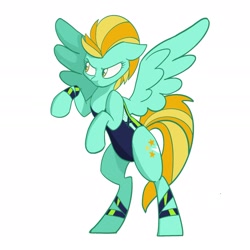 Size: 1911x1911 | Tagged: safe, artist:pfeffaroo, lightning dust, pegasus, pony, g4, bipedal, clothes, female, floppy ears, frown, hoofband, leotard, looking away, looking sideways, mare, rearing, simple background, solo, spread wings, three quarter view, white background, wings, wristband