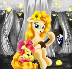 Size: 1133x1080 | Tagged: safe, artist:jphyperx, apple bloom, pear butter, earth pony, ghost, pony, undead, fanfic:apple moon, g4, apple, apple tree, dream, fanfic art, female, flower, food, golden apple, guitar, ivy (plant), mother and child, mother and daughter, musical instrument, singing, sleeping, tree