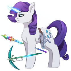 Size: 2480x2480 | Tagged: safe, artist:sinrinf, rarity, pony, g4, crossover, glowing horn, high res, hook, horn, pickaxe, rainbow, rod, solo, terraria, video game