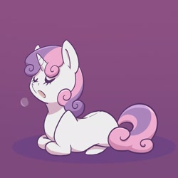 Size: 2048x2048 | Tagged: safe, artist:pfeffaroo, sweetie belle, pony, unicorn, g4, blank flank, breath, cute, diasweetes, eyes closed, female, filly, high res, lying down, open mouth, ponyloaf, prone, purple background, simple background, solo, three quarter view, yawn