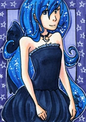 Size: 600x850 | Tagged: safe, artist:bracinghope, princess luna, human, g4, 2012, clothes, dress, humanized, jewelry, looking at you, necklace, s1 luna, smiling, solo, sparkles, stars, strapless dress