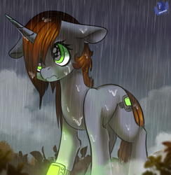 Size: 2111x2160 | Tagged: safe, artist:brainiac, derpibooru exclusive, oc, oc only, oc:littlepip, pony, unicorn, fallout equestria, eyes open, female, green eyes, high res, mare, missing accessory, rain, solo, wet, wet mane