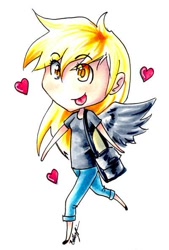Size: 400x592 | Tagged: safe, artist:bracinghope, derpy hooves, human, g4, :p, bag, chibi, cute, derpabetes, heart, humanized, silly, simple background, solo, tongue out, white background, winged humanization, wings